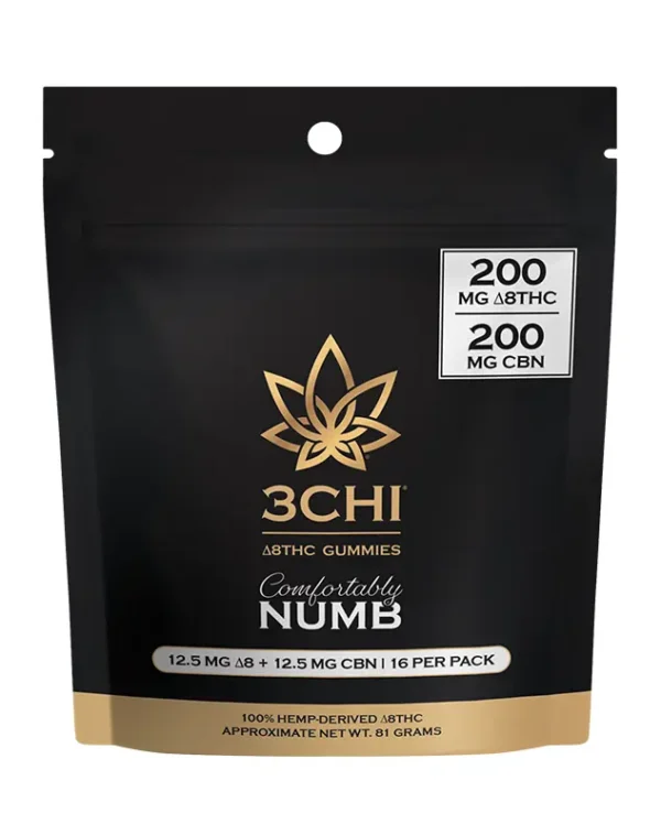Comfortably Numb Delta 8 THC:CBN Gummies - Our Comfortably Numb gummies are infused with a potent 1:1 blend of Delta 8 THC and CBN at 25mg combined (12.5mg each) in each gummy as well as added CBC for maximum effects. Comes in packs of 8 (200mg total) or 16 (400mg total). CBN helps temper the energetic aspects of Delta 8 THC to bring an extremely comfortable and calming body-focused feeling. This blend is perfect for peaceful relief and taking it easy.