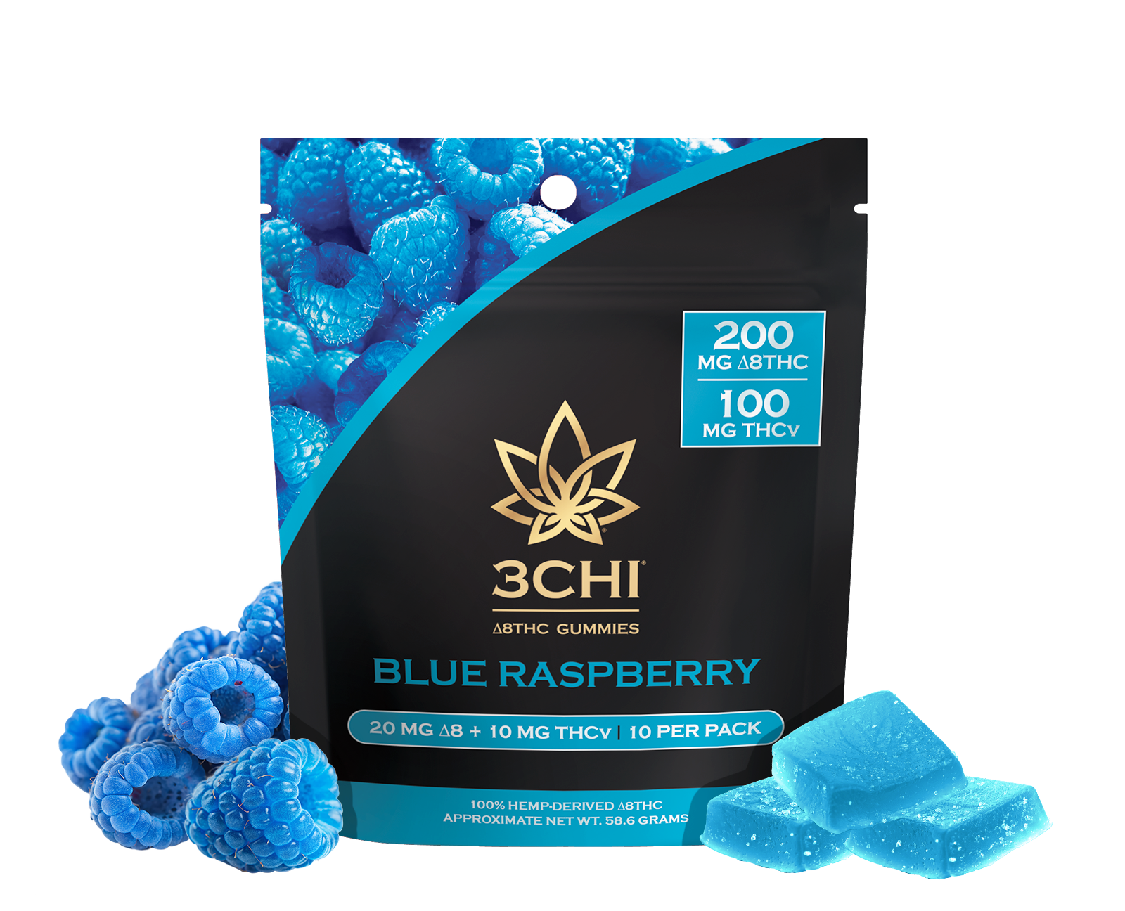 Delta 8 + THCv Gummies - Our 20mg Delta 8 + 10mg THCv 10 pack gummies deliver unsurpassed Delta 8 purity combined with THCv for an uplifting and potent entourage effect - no typical binge eating. Feel great & look great! Fast acting NO hemp taste Potent & long lasting Delicious blue raspberry Vegan & cruelty-free | No animal gelatin Derived from USA-grown hemp Farm Bill Compliant : <0.3% ∆9THC