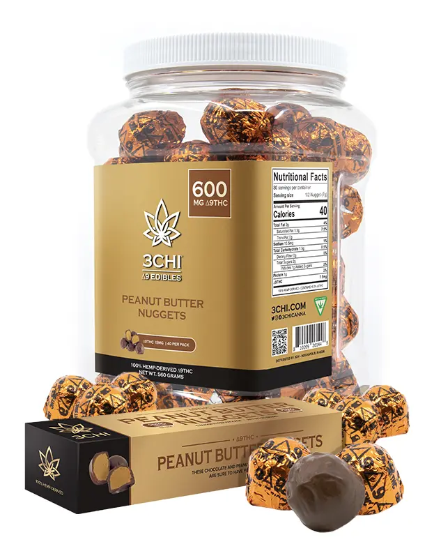 Delta 9 Peanut Butter Nuggets - Our Delta 9 Peanut Butter Nuggets blend the amazing peanut butter taste with 15mg of Delta 9 THC and 15mg of CBD in each nugget. These little nuggets are sure to have you wanting more. Available in packs of 6, 40, and 80 nuggets.


 	Specially-formulated, fast-acting Delta 9 THC candies
 	Dispensary-grade
 	NO hemp taste
 	Non-GMO
 	15mg D9 : 15mg CBD per nugget
 	Potent & long lasting
 	Delicious non-vegan recipe 
 	Derived from USA-grown hemp
 	Farm Bill Compliant : <0.3% ∆9THC