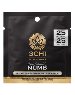Comfortably Numb Mini-Pack Gummies - Our Comfortably Numb gummies are infused with a potent 1:1 blend of Delta 8 THC and CBN at 25mg combined (12.5mg each) in each gummy as well as added CBC for maximum effects. Comes in packs of 2 (50mg total). CBN helps temper the energetic aspects of Delta 8 THC to bring an extremely comfortable and calming body-focused feeling. This blend is perfect for peaceful relief and taking it easy.