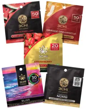 5-Pack Gummy Sampler - Want to try all the different 3CHI gummies but don't know which one to try first? Snag up our 5-pack gummy sampler and experience 5 different cannabinoids. This sampler includes one each of the following gummy 2-packs: Delta 8 Watermelon: 50mg per 2-pack HHC Orange Dreamsicle: 50mg per 2-pack Delta 9 Strawberry: 20mg per 2-pack True Strains Cyclone: 30mg per 2-pack True Strains Comfortably Numb: 128mg per 2-pack