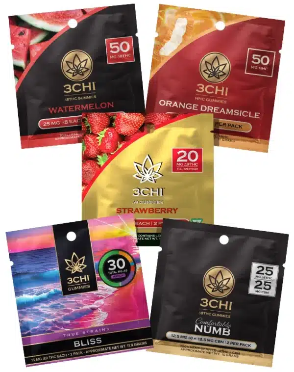 5-Pack Gummy Sampler - Want to try all the different 3CHI gummies but don't know which one to try first? Snag up our 5-pack gummy sampler and experience 5 different cannabinoids. This sampler includes one each of the following gummy 2-packs: Delta 8 Watermelon: 50mg per 2-pack HHC Orange Dreamsicle: 50mg per 2-pack Delta 9 Strawberry: 20mg per 2-pack True Strains Cyclone: 30mg per 2-pack True Strains Comfortably Numb: 128mg per 2-pack