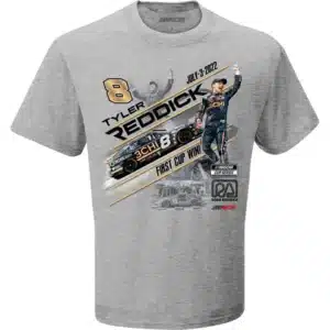 TYLER REDDICK ROAD AMERICA FIRST WIN TEE - Tyler Reddick wins his first NASCAR Cup Series race at Road America! Order your t-shirt now!
Details:


 	Material: 100% Pre-shrunk Cotton
 	Color: Grey
 	Screen print graphics
