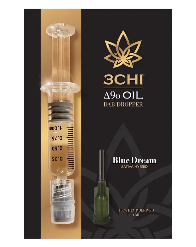 Delta 9o Dab Dropper - 1ml - Hit a new level of elevation with 3CHI’s ultra pure Delta 9o dab droppers. Be prepared to enjoy our smoothest, strongest, and longest lasting cannabinoid to date. These dab droppers feature a potent blend of 95% hemp-derived ∆9o oil and 5% strain-specific terpenes. Available in Blue Dream, Green Crack, Ice Cream Cake, Pineapple Express, or Snowman.


 	Lab-tested by an accredited 3rd party lab
 	No MCT, PG, VG, or PEG oil
 	95% potent, broad-spectrum Delta 9o oil
 	5% cannabis-derived terpenes
