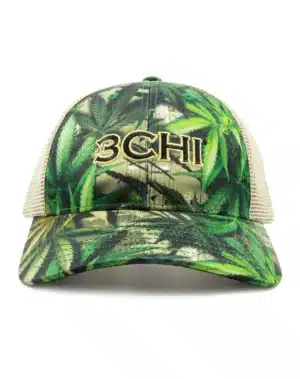 Camo Hat – 3CHI CannaCamo Trucker Hat - Cap off your 3Chi CannaCamo collection with the perfect hat. Designed in the popular trucker style with a mesh back and snap closure, this hat features our classic CannaCamo camouflage and the black 3Chi wordmark logo across the front panel and bill.