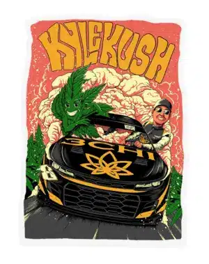 kyle kush hotbox sticker with kyle busch and a pot leaf mascot hanging out the sides of a racecar with smoke billowing out the windows