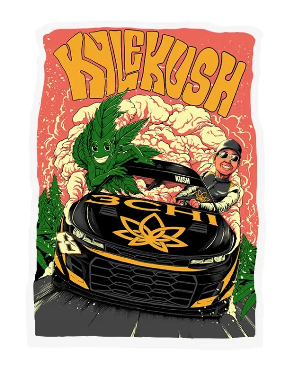 kyle kush hotbox sticker with kyle busch and a pot leaf mascot hanging out the sides of a racecar with smoke billowing out the windows