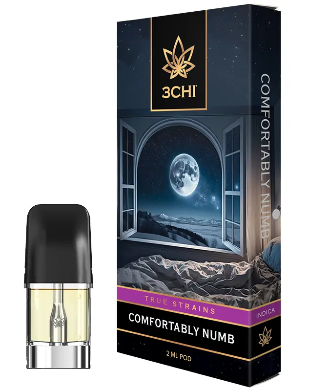 Comfortably Numb - True Strains - 2ml Vape Pod - Settle into ultimate bliss with our famous CBN-rich Indica, ideal for deep levels of calm and restful relaxation.

WARNING: THIS IS A HIGH-MAINTENANCE CARTRIDGE. IT WILL CRYSTALLIZE, MAY ARRIVE ALREADY CRYSTALLIZED, AND WILL REQUIRE REHEATING FOR REUSE. DO NOT PURCHASE UNLESS YOU ARE WILLING TO PERFORM THE MAINTENANCE REQUIRED FOR THIS CARTRIDGE.

REQUIRES A 3CHI POD BATTERY TO USE