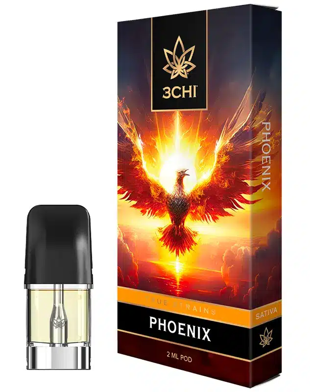 A 3CHI Phoenix Vape Pod packaging features a phoenix rising from flames. Labeled as a Sativa strain and a 2ml pod.