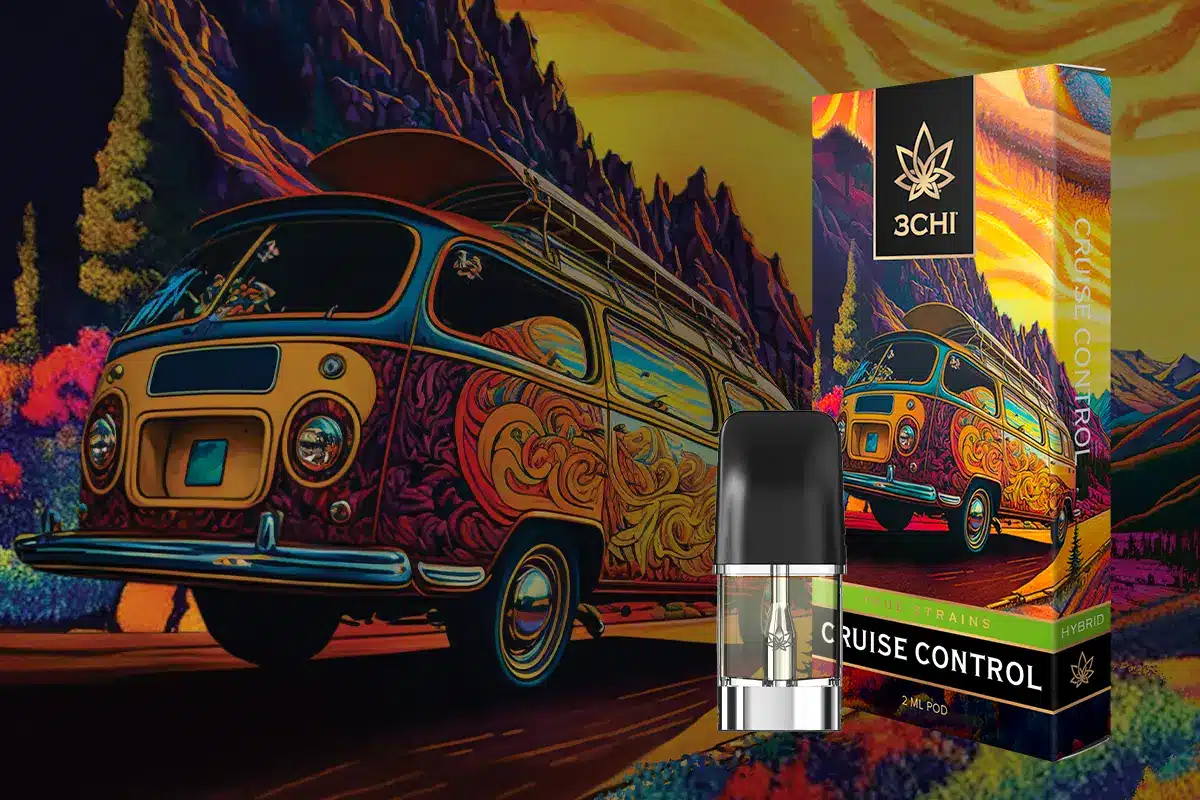 3CHI Cruise Control vape pen. Lab tested and with cannabinoids like THC from hemp, CBD, HHC, and natural terpenes in the vape cartridge.