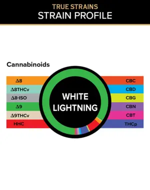 True Strains Gummies - White Lightning - Experience the potent, electric thrill of White Lightning. These 15mg Delta 9 THC Hybrid gummies also come with THCP for a powerful and long lasting experience. 15mg Delta 9 THC per gummy Dispensary-grade Potent & long-lasting Vegan & cruelty-free Derived from USA-grown hemp Farm Bill Compliant: <0.3% Delta 9 THC Cannabinoids: Delta 9 THC, HHC, THCP, Delta 8 THC, CBD, Delta 8-ISO, Delta 8 THCv, Delta 9 THCv, CBC, CBG, CBN, CBT