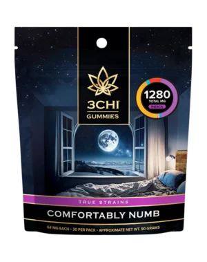 True Strains Gummies - Comfortably Numb - Ease into a state of Comfortably Numb. These 64mg Indica gummies are designed for deep relaxation and tranquility. Ideal for evening use, they help soothe your senses and calm your mind, leading you to a place of peaceful contentment. This version of Comfortably Numb gummies is double the potency of the original Comfortably Numb gummies. If you are converting from the classic gummies, take half the size of the piece of gummy you normally take of the originals. 64mg total cannabinoids per gummy Dispensary-grade Potent & long-lasting Vegan & cruelty-free Derived from USA-grown hemp Farm Bill Compliant: <0.3% Delta 9 THC