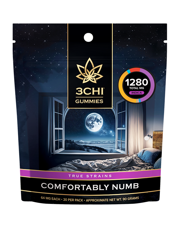 True Strains Gummies - Comfortably Numb - Ease into a state of Comfortably Numb. These 64mg Indica gummies are designed for deep relaxation and tranquility. Ideal for evening use, they help soothe your senses and calm your mind, leading you to a place of peaceful contentment. This version of Comfortably Numb gummies is double the potency of the original Comfortably Numb gummies. If you are converting from the classic gummies, take half the size of the piece of gummy you normally take of the originals. 64mg total cannabinoids per gummy Dispensary-grade Potent & long-lasting Vegan & cruelty-free Derived from USA-grown hemp Farm Bill Compliant: <0.3% Delta 9 THC