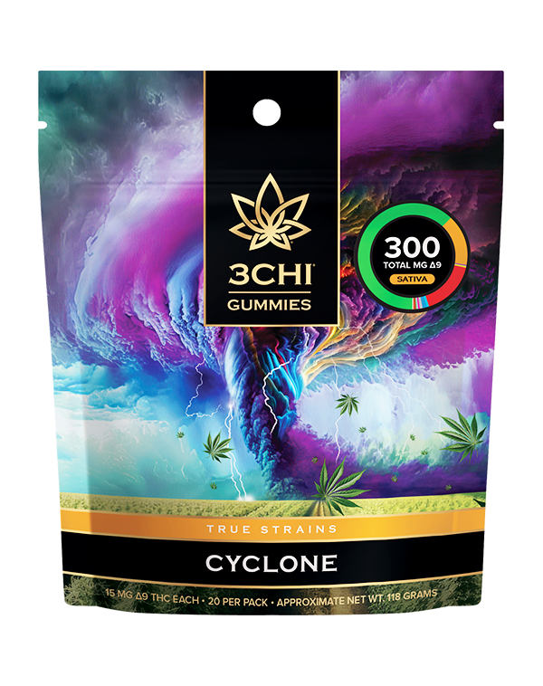 True Strains Gummies - Cyclone - Get swept away by Cyclone. These 15mg Delta 9 THC Sativa gummies are blended to produce a whirlwind of euphoria and excitement. Perfect for those seeking a potent, yet balanced experience, 15mg Delta 9 THC per gummy Dispensary-grade Potent & long-lasting Vegan & cruelty-free Derived from USA-grown hemp Farm Bill Compliant: <0.3% Delta 9 THC