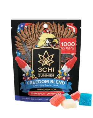 Freedom Blend Gummies - Our new Freedom Blend gummies come jam packed with 50mg of cannabinoids, offering a potent experience to help free you of any stress or worries this summer. These gummies can provide a nice energy boost but with a touch of euphoria that can have you soaring with the eagles. You get 3 different flavors of Cherry, Lime, and Blue Raspberry, embracing the patriotic theme of the Freedom Blend. Be sure to grab a bag to take with you on your summer adventures!