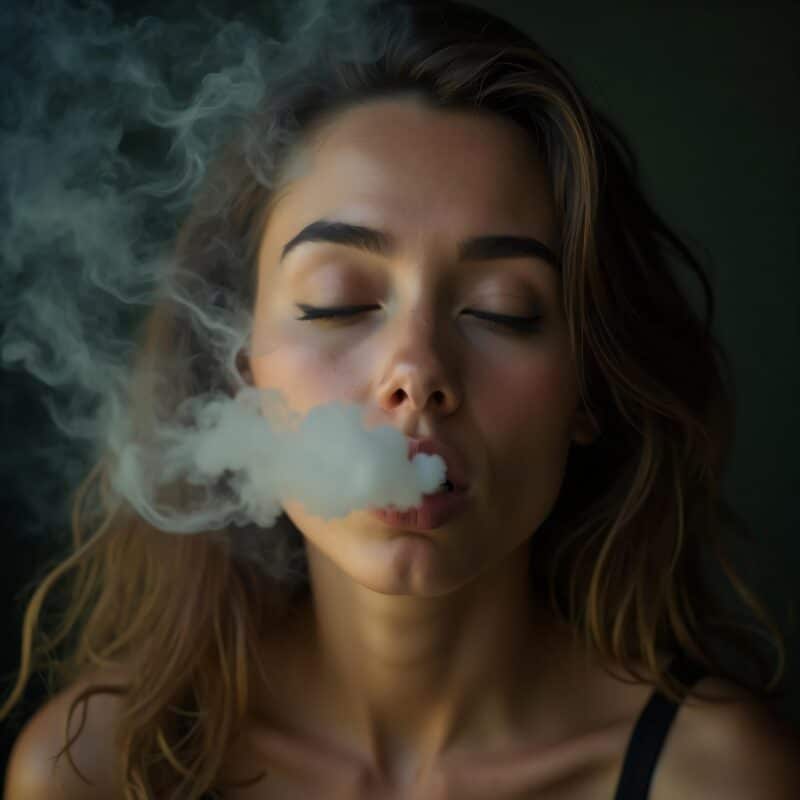 A female with her eyes closed as smoke slowly rolls out of her mouth.