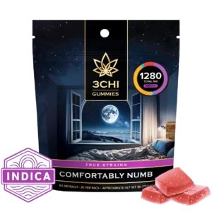 True Strains Gummies - Comfortably Numb - Ease into a state of Comfortably Numb. These 64mg Indica gummies are designed for deep relaxation and tranquility. Ideal for evening use, they help soothe your senses and calm your mind, leading you to a place of peaceful contentment. This version of Comfortably Numb gummies is double the potency of the original Comfortably Numb gummies. If you are converting from the classic gummies, take half the size of the piece of gummy you normally take of the originals.

 	64mg total cannabinoids per gummy
 	Dispensary-grade
 	Potent & long-lasting
 	Vegan & cruelty-free
 	Derived from USA-grown hemp
 	Farm Bill Compliant: <0.3% Delta 9 THC
