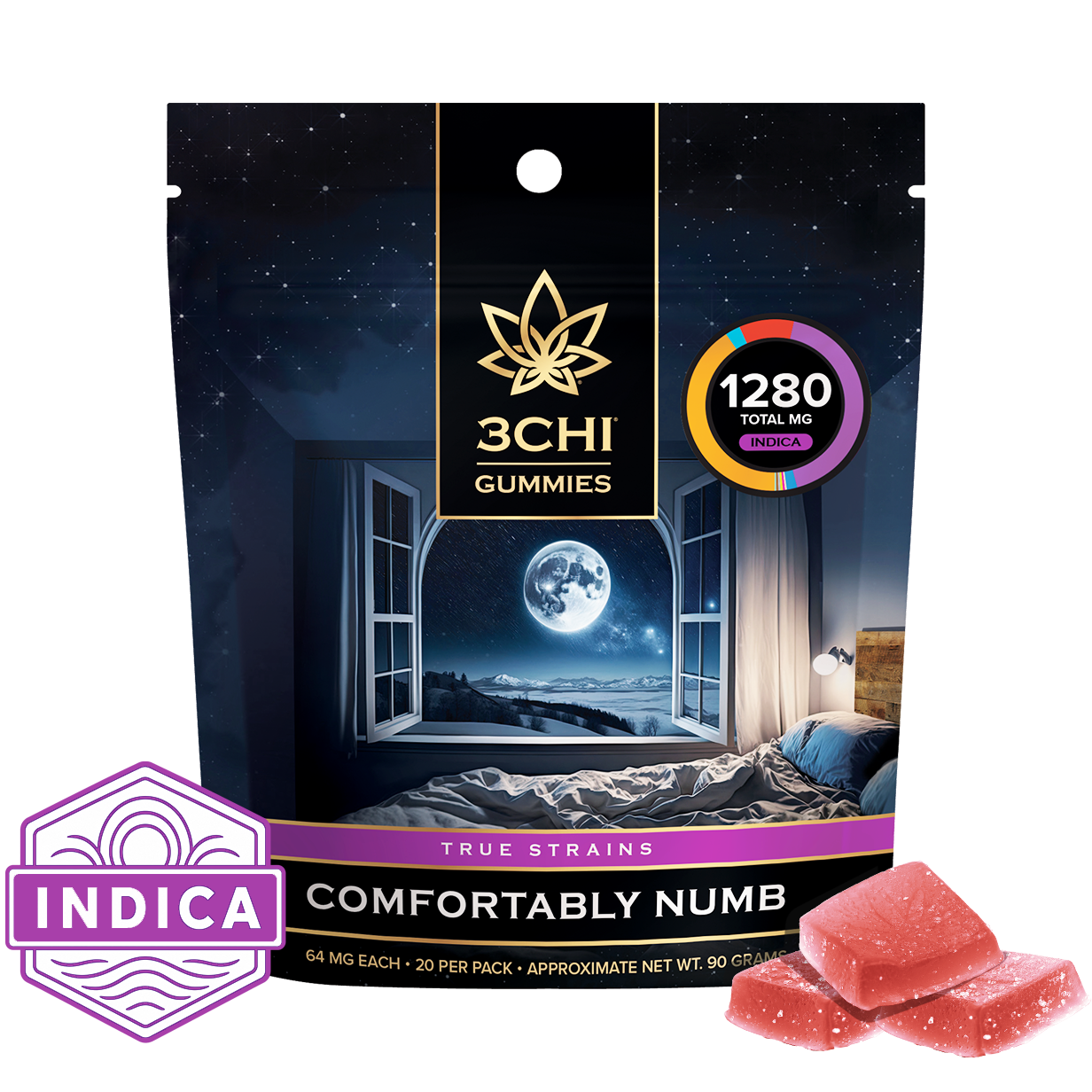 True Strains Gummies - Comfortably Numb - Ease into a state of Comfortably Numb. These 64mg Indica gummies are designed for deep relaxation and tranquility. Ideal for evening use, they help soothe your senses and calm your mind, leading you to a place of peaceful contentment. This version of Comfortably Numb gummies is double the potency of the original Comfortably Numb gummies. If you are converting from the classic gummies, take half the size of the piece of gummy you normally take of the originals.
64mg total cannabinoids per gummy
Dispensary-grade
Potent & long-lasting
Vegan & cruelty-free
Derived from USA-grown hemp
Farm Bill Compliant: <0.3% Delta 9 THC