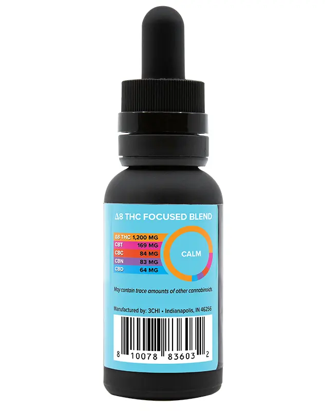 Delta 8 Focused Blends - Calm Oil Tincture - Using a blend of 75% Δ8THC distillate, 25% of a variety of cannabinoids (CBT, CBC, CBN, CBD), this designer calm oil tincture gives a more tailored effect than any cannabis strain ever could. This 1oz bottle comes with a metered dropper for easy, accurate dosing.