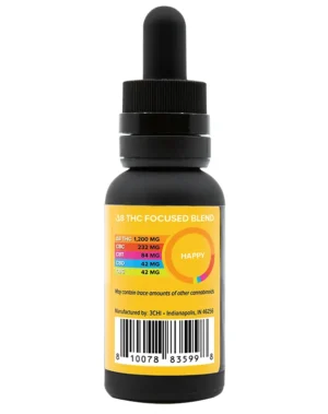 Delta 8 Focused Blends - Happy Oil Tincture - Using a blend of 75% Δ8THC distillate, 25% of a variety of cannabinoids (CBC, CBT, CBG, CBD), this designer Happy Oil tincture gives a more tailored effect than any cannabis strain ever could. This 1oz bottle comes with a metered dropper for easy, accurate dosing.