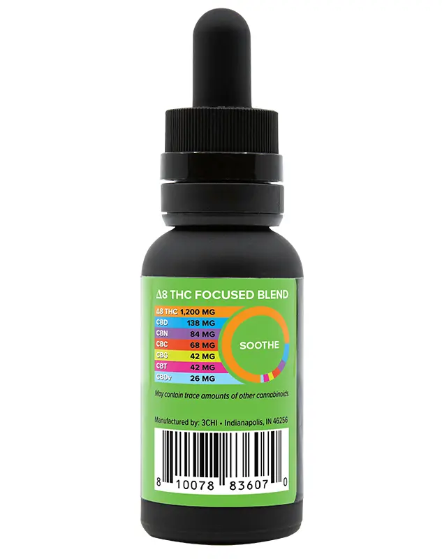 Delta 8 Focused Blends - Soothe Oil Tincture - Using a blend of 75% Δ8THC distillate, 25% of a variety of cannabinoids (CBD, CBN, CBC, CBG, CBT, CBDv), this designer Soothe oil tincture gives a more tailored effect than any individual cannabis strain ever could. This 1oz bottle comes with a metered dropper for easy, accurate dosing.