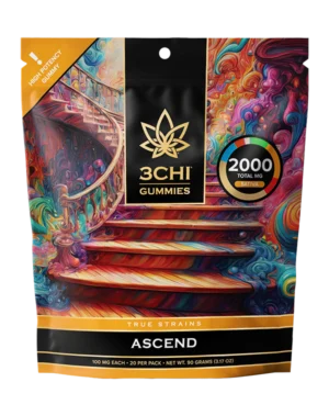True Strains Gummies - Ascend - WARNING: THIS IS A HIGH POTENCY PRODUCT Reach new heights with Ascend. These 100mg Sativa gummies offer an elevated, upbeat experience, ideal for rising above the routine and moving through your day with focus and confidence. They're perfect for those seeking energy, clarity, and inspired momentum.