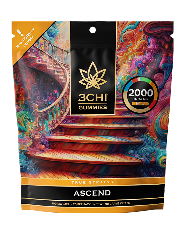 True Strains Gummies - Ascend - WARNING: THIS IS A HIGH POTENCY PRODUCT Reach new heights with Ascend. These 100mg Sativa gummies offer an elevated, upbeat experience, ideal for rising above the routine and moving through your day with focus and confidence. They're perfect for those seeking energy, clarity, and inspired momentum.