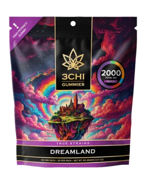 True Strains Gummies - Dreamland - WARNING: THIS IS A HIGH POTENCY PRODUCT Slip into Dreamland. These 100mg Indica gummies are crafted for a serene, restful experience, ideal for easing into the evening and letting the day fade away. They're perfect for those seeking deep relaxation with a soft, tranquil feel. 70 mg this blend is made up of CBC, CBD, CBG, CBT and 50 mg of it is CBN, specifically. For high dose consumers, know that these are MUCH more focused on relaxation and rest than elevation.