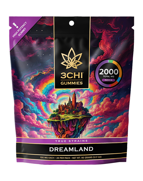 True Strains Gummies - Dreamland - WARNING: THIS IS A HIGH POTENCY PRODUCT Slip into Dreamland. These 100mg Indica gummies are crafted for a serene, restful experience, ideal for easing into the evening and letting the day fade away. They're perfect for those seeking deep relaxation with a soft, tranquil feel. 70 mg this blend is made up of CBC, CBD, CBG, CBT and 50 mg of it is CBN, specifically. For high dose consumers, know that these are MUCH more focused on relaxation and rest than elevation.