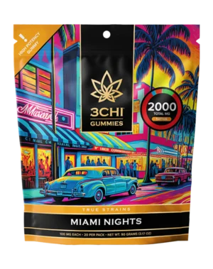 True Strains Gummies - Miami Nights - WARNING: THIS IS A HIGH POTENCY PRODUCT Light up the night with Miami Nights. These 100mg Sativa gummies bring a vibrant, social energy that keeps the night feeling bright and alive. Ideal for parties, music, and after-dark adventures, they offer a bold rush of mood, movement, and excitement.