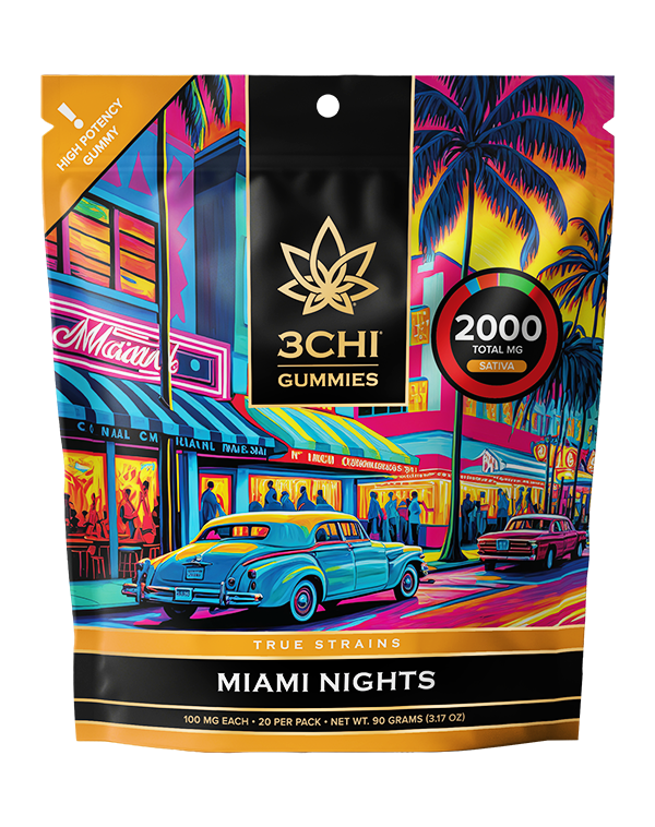 True Strains Gummies - Miami Nights - WARNING: THIS IS A HIGH POTENCY PRODUCT Light up the night with Miami Nights. These 100mg Sativa gummies bring a vibrant, social energy that keeps the night feeling bright and alive. Ideal for parties, music, and after-dark adventures, they offer a bold rush of mood, movement, and excitement.