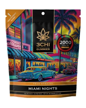 True Strains Gummies - Miami Nights - WARNING: THIS IS A HIGH POTENCY PRODUCT Light up the night with Miami Nights. These 100mg Sativa gummies bring a vibrant, social energy that keeps the night feeling bright and alive. Ideal for parties, music, and after-dark adventures, they offer a bold rush of mood, movement, and excitement.