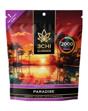 True Strains Gummies - Paradise - WARNING: THIS IS A HIGH POTENCY PRODUCT Escape into Paradise. These 100mg Indica gummies offer a deeply soothing experience, ideal for settling into comfort and leaving the noise of the day behind. They're perfect for those seeking a peaceful retreat with a calm, blissful finish.