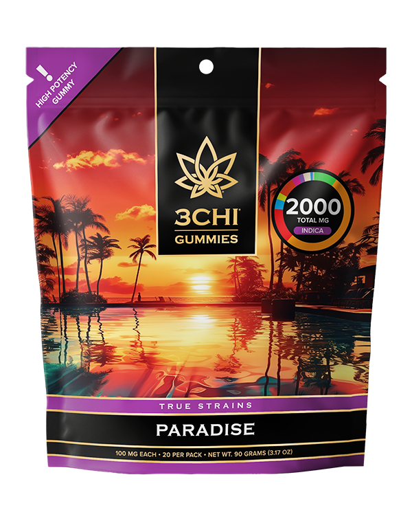 True Strains Gummies - Paradise - WARNING: THIS IS A HIGH POTENCY PRODUCT Escape into Paradise. These 100mg Indica gummies offer a deeply soothing experience, ideal for settling into comfort and leaving the noise of the day behind. They're perfect for those seeking a peaceful retreat with a calm, blissful finish.