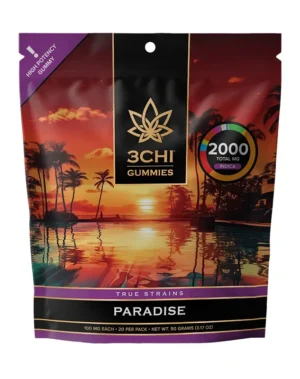 True Strains Gummies - Paradise - WARNING: THIS IS A HIGH POTENCY PRODUCT Escape into Paradise. These 100mg Indica gummies offer a deeply soothing experience, ideal for settling into comfort and leaving the noise of the day behind. They're perfect for those seeking a peaceful retreat with a calm, blissful finish.