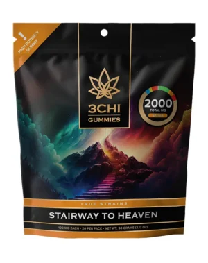 True Strains Gummies - Stairway to Heaven - WARNING: THIS IS A HIGH POTENCY PRODUCT Rise above the ordinary with Stairway to Heaven. These 100mg Sativa gummies deliver an elevated, soaring experience built for bright moods and big energy. Ideal for daytime adventures or creative momentum, they help turn an ordinary moment into something higher.