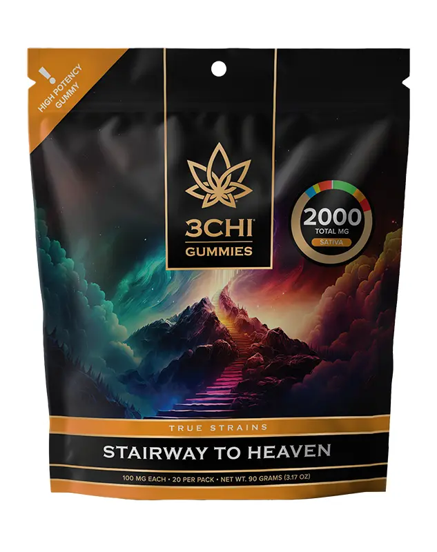 True Strains Gummies - Stairway to Heaven - WARNING: THIS IS A HIGH POTENCY PRODUCT Rise above the ordinary with Stairway to Heaven. These 100mg Sativa gummies deliver an elevated, soaring experience built for bright moods and big energy. Ideal for daytime adventures or creative momentum, they help turn an ordinary moment into something higher.