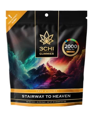 True Strains Gummies - Stairway to Heaven - WARNING: THIS IS A HIGH POTENCY PRODUCT Rise above the ordinary with Stairway to Heaven. These 100mg Sativa gummies deliver an elevated, soaring experience built for bright moods and big energy. Ideal for daytime adventures or creative momentum, they help turn an ordinary moment into something higher.