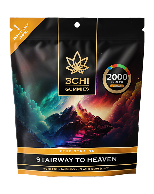 True Strains Gummies - Stairway to Heaven - WARNING: THIS IS A HIGH POTENCY PRODUCT Rise above the ordinary with Stairway to Heaven. These 100mg Sativa gummies deliver an elevated, soaring experience built for bright moods and big energy. Ideal for daytime adventures or creative momentum, they help turn an ordinary moment into something higher.