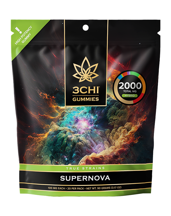 True Strains Gummies - Supernova - WARNING: THIS IS A HIGH POTENCY PRODUCT Blast into a brighter state with Supernova. These 100mg Hybrid gummies deliver an explosive lift with a smooth, balanced finish. Ideal for turning up the energy while keeping the ride enjoyable, they're made for bold moods, big moments, and cosmic-level enjoyment.